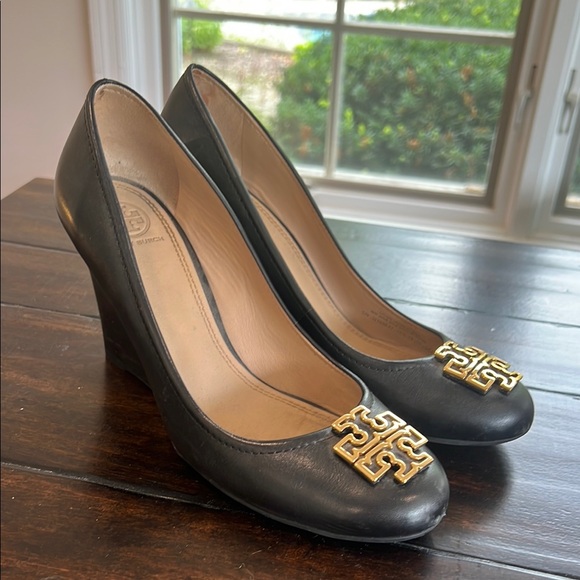 Tory Burch Black and Gold Wedge Shoes